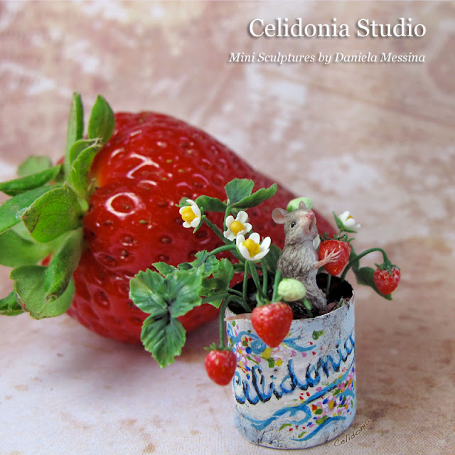 Strawberry Mouse - OOAK Miniature sculpted from Polymer Clay