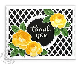 Sunny Studio Stamps: Everything's Rosy Yellow, Black & White Layered Rose Thank You Card (using Everyday Greetings & Frilly Frames Lattice Dies)