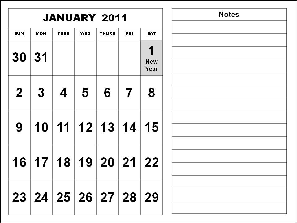 2011 January Calendar with