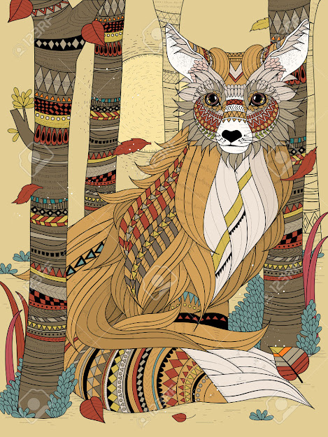 Vector  Fluffy Fox In The Forest  Adult Coloring Page