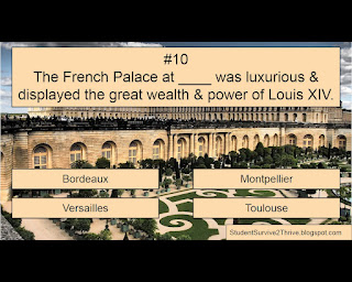 The French Palace at ____ was luxurious & displayed the great wealth & power of Louis XIV. Answer choices include: Bordeaux, Montpellier, Versailles, Toulouse