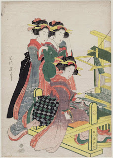 Two Girls Watching a Third Girl Weaving at a Loom