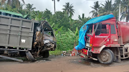 Akibat Supir Ngantuk, Truk BBM Adu Kepala Dengan Truk Pengangkut Air Mineral