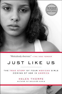 the cover of Just Like Us by Helen Thorpe, showing a grayscale photo of a young Mexican girl looking directly at the camera