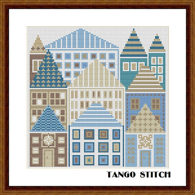 Blue geometric houses city landscape cross stitch pattern - Tango Stitch