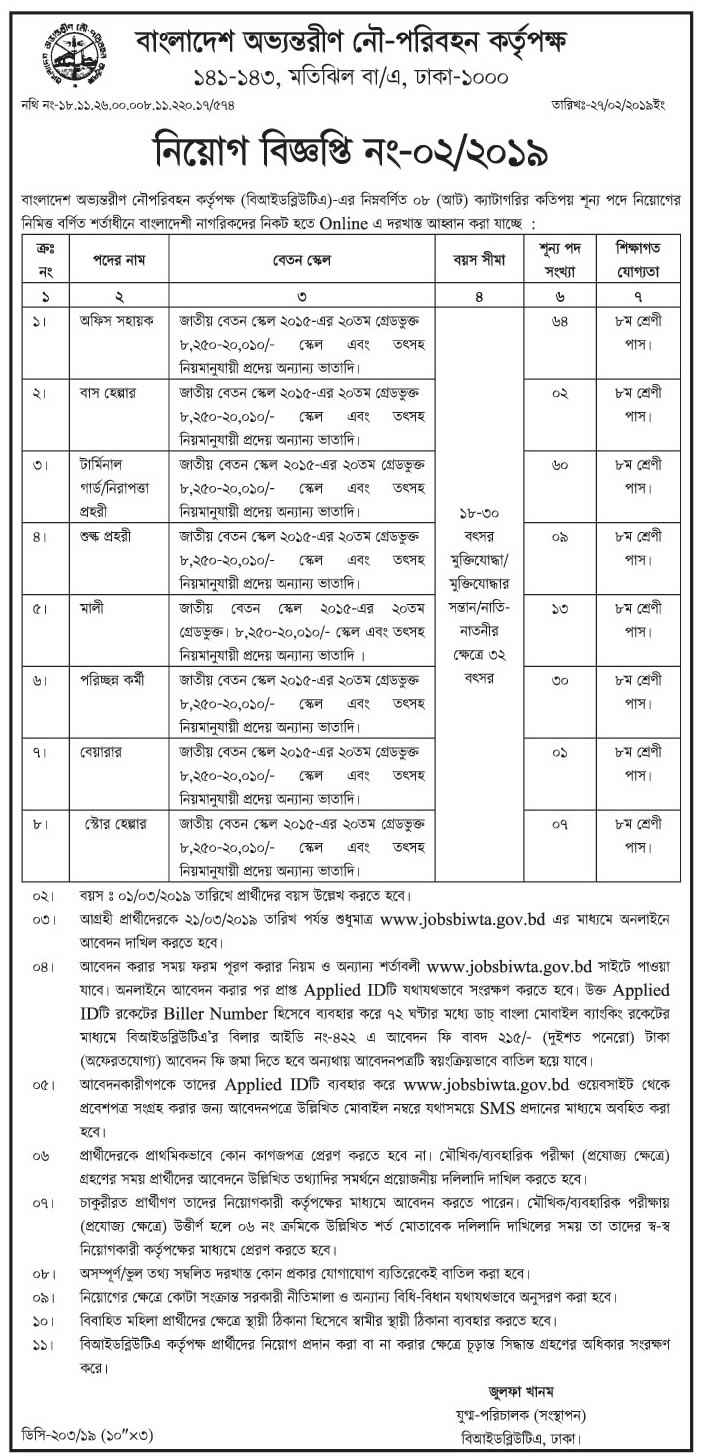 Bangladesh Inland Water Transport Authority (BIWTA) Job Circular 2019