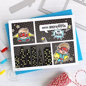 Sunny Studio Stamps: Super Duper Cityscape Border Comic Strip Speech Bubble Dies Super Hero Themed Cards by Leanne West