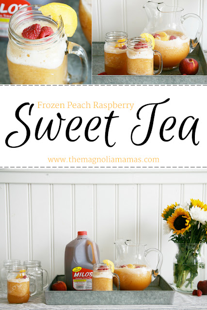 Frozen Peach Raspberry Sweet Tea Recipe. The yummiest sweet tea drink for the summer made with Milo's Tea! #MakeitwithMilos #Pmedia #ad 