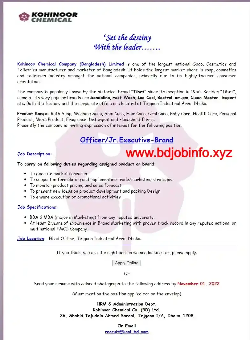 Kohinoor Chemical Job Circular 2022