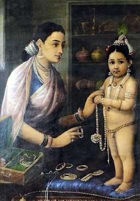 Yashoda Adorning Krishna painting Raja Ravi Varma