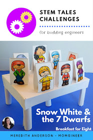 Fairy Tale STEM - Snow White and the Seven Dwarfs! Not only do students need to create a table for the dwarfs, they also need to use logic to solve a seating arrangement problem. Meredith Anderson Momgineer