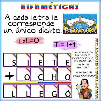 Alfamética, Criptoaritmética, Criptograma, Criptosuma, Juego de Letras, Juego de Palabras, Matemática y la Batalla de Boyacá, Batalla de Boyacá, Matemáticas y las Fiestas Patrias, Retos matemáticos, Desafíos matemáticos, Problemas matemáticos