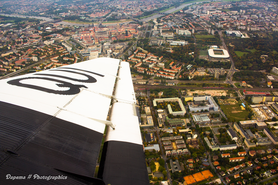 Blick über Dresden auf die Altstadt und das Stadion der SG Dynamo Dresden