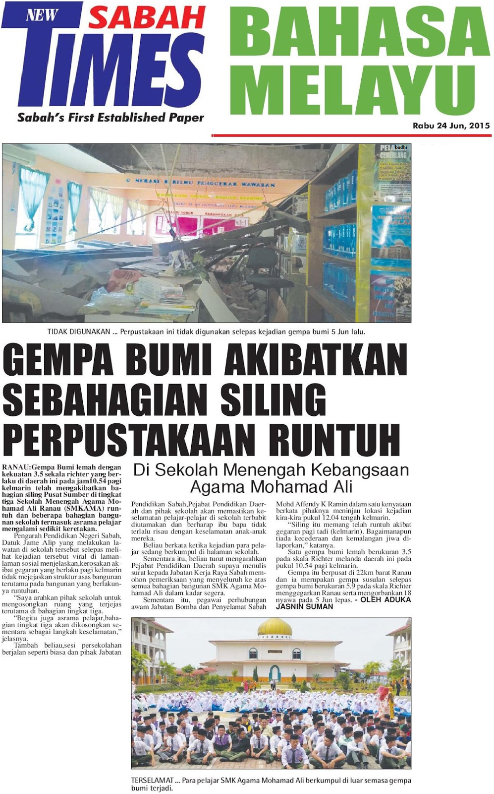 Keratan Surat Kabar Gempa Bumi Sabah 2015