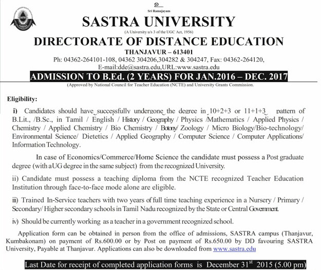 Sastra University B.Ed notification 2016 