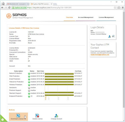 Estado y gestión de la licencia SOPHOS UTM 9 Home Edition