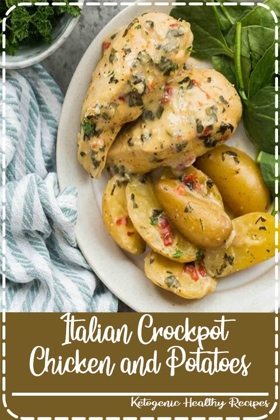 This Creamy Italian Crockpot Chicken and Potatoes is simmered in the most incredible creamy sauce of roasted red peppers, spinach and Italian herbs. It's a dump and go slow cooker meal in one! #crockpot #slowcooker #chicken #chickenbreast #healthy #dinner #recipe