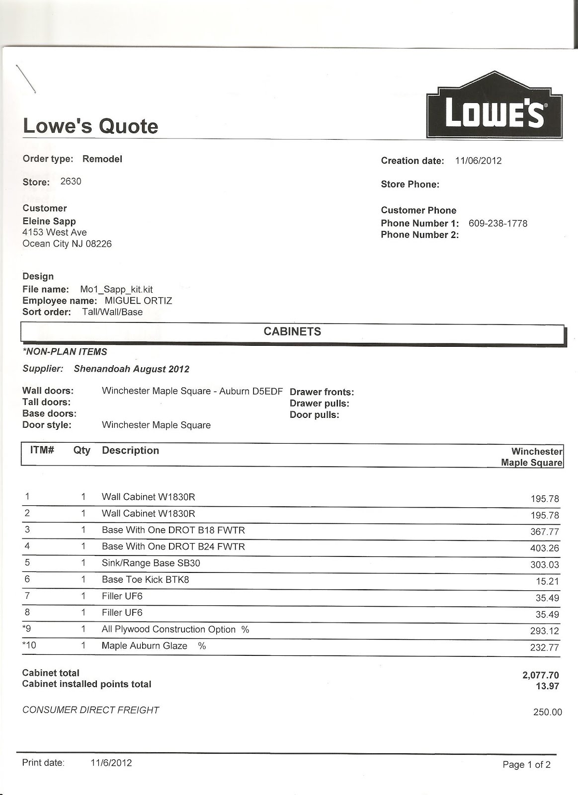 Kitchen Cabinet Invoice and New Estimate