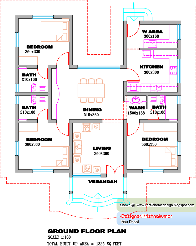 Kerala villa plan and elevation 1325 Sq Feet Kerala 