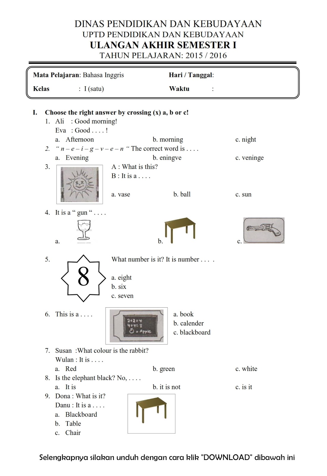 Download Soal UAS Ganjil Bahasa Inggris Kelas 1 Semester 1 