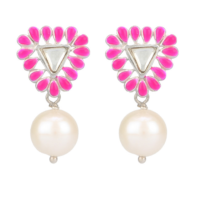 AhilyaJewels.com - TRIANGULAR PINK ENAMEL STUD PEARL