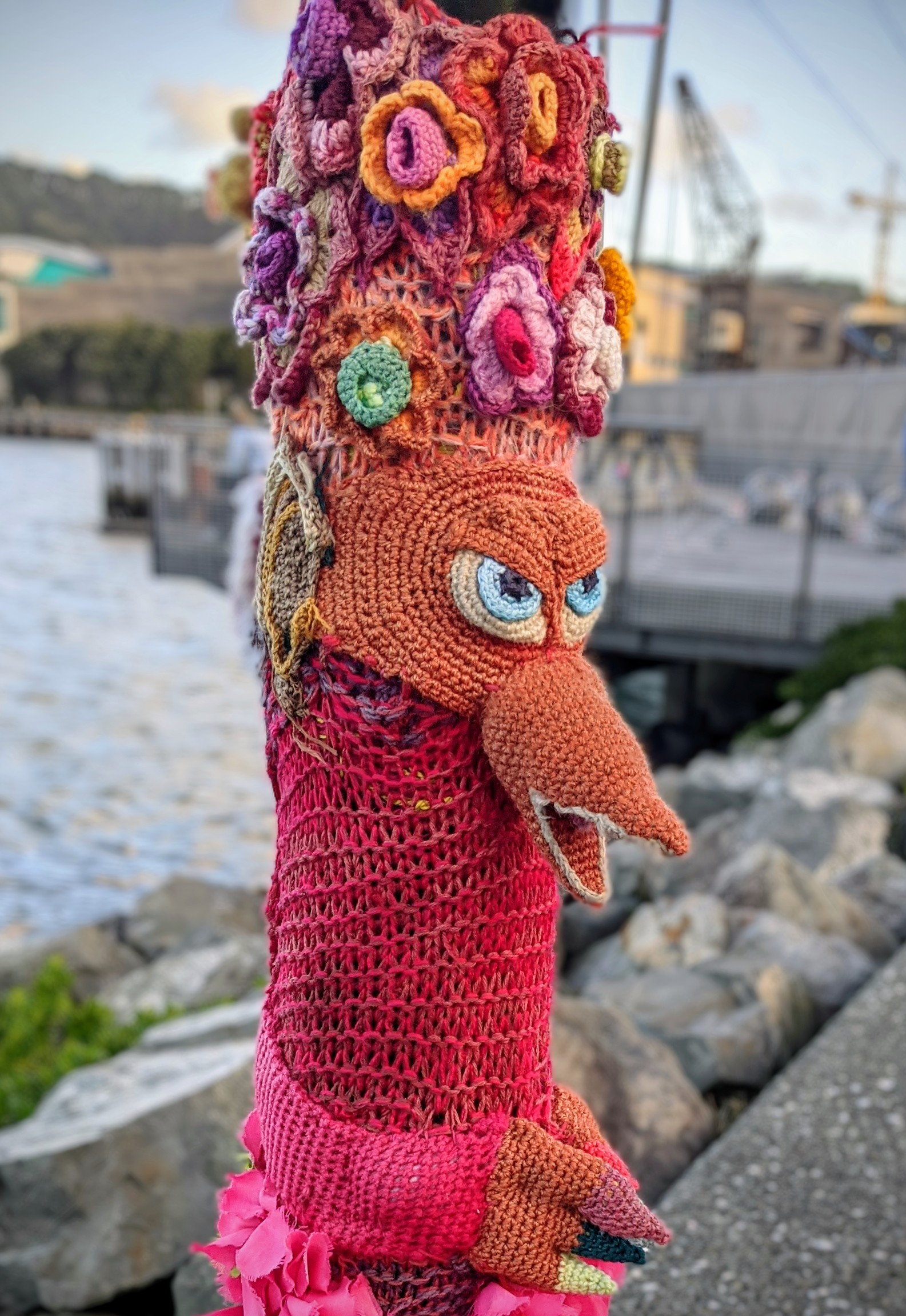 Yarn bomb creature on Wellington Waterfront lamp post