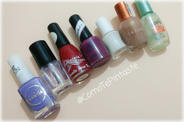 xantia lila, cutex transparente, angela bresciano rojo, dulce diallo fuchsia oscuro, casual dorado, colorama transparente, millanel base peel off