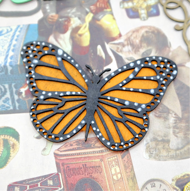 Monarch Butterfly Chipboard Embellishment with Black and White Acrylic Paint and Orange Tissue Paper