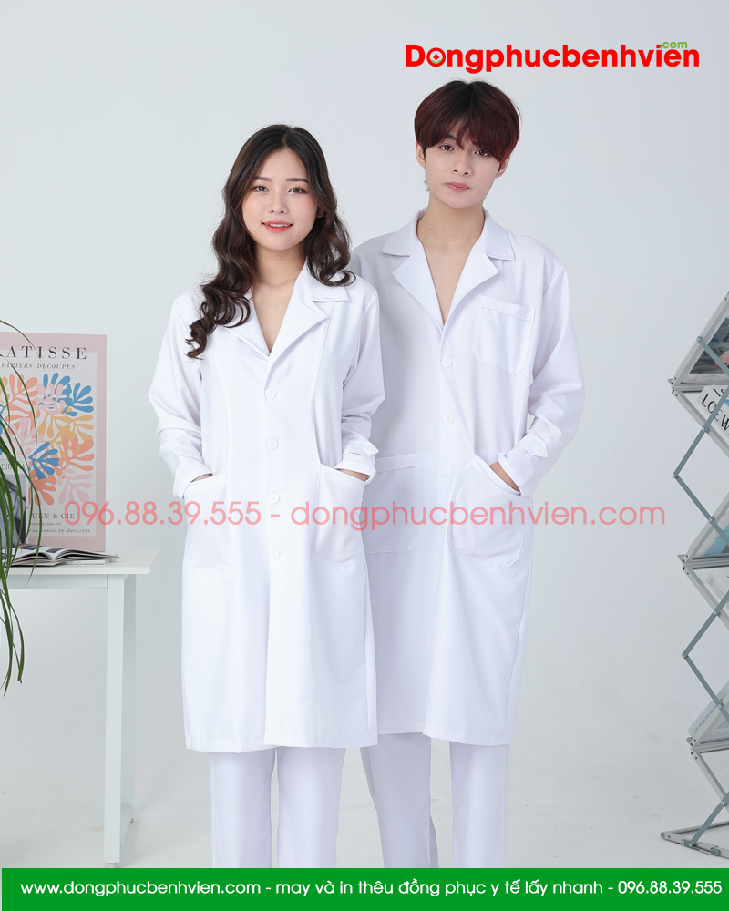 Áo blouse trắng nam - nữ cao cấp chuẩn form - Áo blu dài tay, dáng dài cho bác sĩ, thẩm mỹ viện