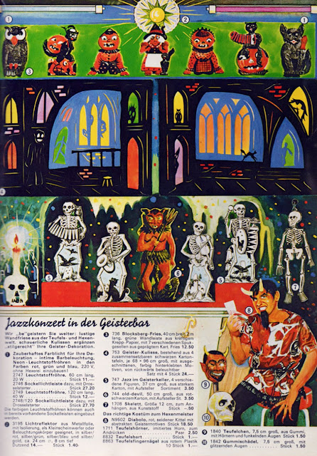 German diecut cats and pumpkins, devil, and skeleton band seen here for Karneval, not vintage Halloween collectibles.