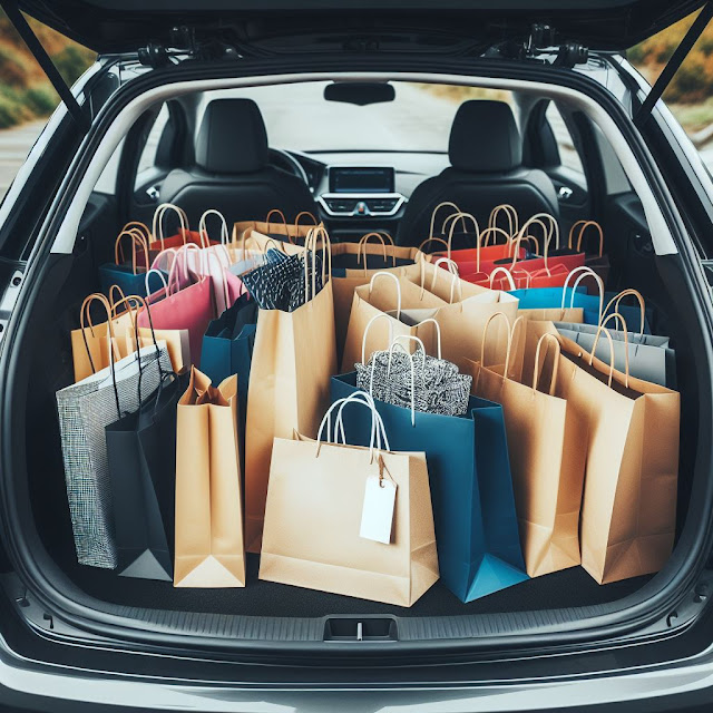 A car trunk filled with shopping bags