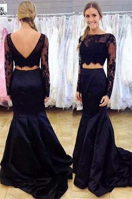 Black Two-Piece Mermaid Prom Dress 2017 Long-Sleeve Open-Back Lace Evening Gowns -Price:US$ 159