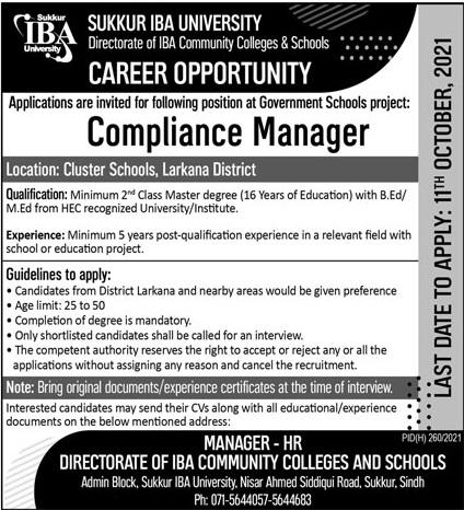 Sukkur IBA University Job 2021 For Compliance Manager