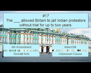 The ___ allowed Britain to jail Indian protestors without trial for up to two years. Answer choices include: 6th Amendment, Albert Bill, Rowlatt Acts, Colosseum Clause