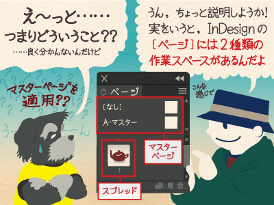 ジミー「え〜っと…、つまりどういうこと？…良く分かんないんだけど…」チップくん「うん，ちょっと説明しようか！ 実をいうと、InDesignの［ページ］には2種類の作業スペースがあるんだよ」
