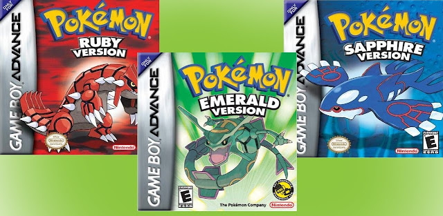 Game covers for the Pokemon games, Ruby, Sapphire and Emerald for Gameboy Advance