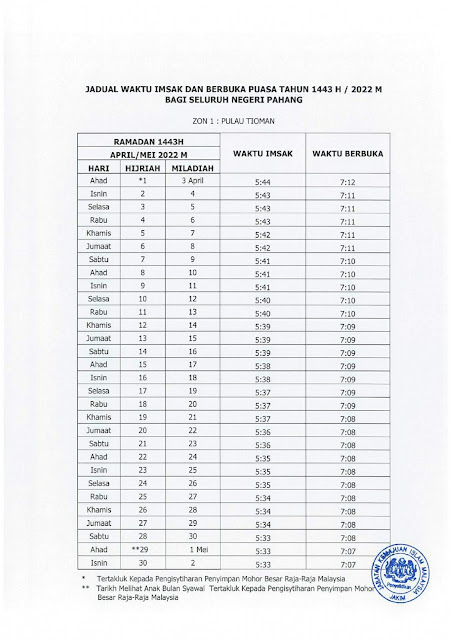 Jadual Imsak Dan Berbuka Puasa Di Negeri Pahang tahun 2022