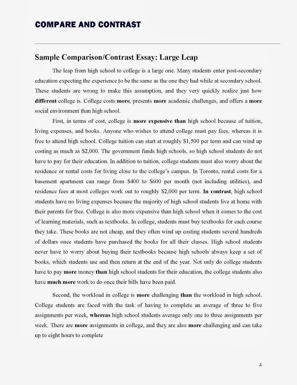 compare and contrast essay high school and college
