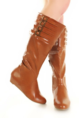 Chestnut Crinkle Faux Leather Slouchy Buckle Wedge Boots 