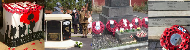 4 images: poppy covered table with 'Lest We Forget' cloth, Bolton upon Dearne memorial with FWW re-enacter, poppy wreaths at base of Mapplewell memorial, close up of poppy wreath showing new Hoyland names