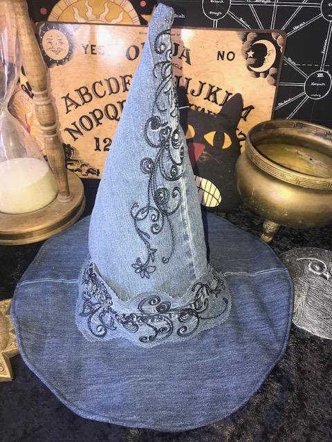 denim witch hat, casual witch hat, modern witch hat, wizard hat