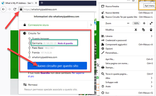 nodi e impostazioni di TOR browser