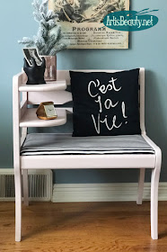 ballet pink gossip bench makeover with black and white striped fabric