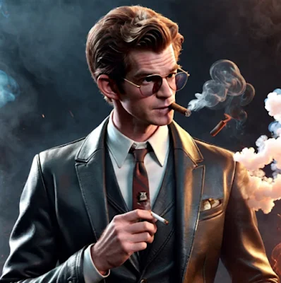 Cartoon like Andrew Garfield wearing glasses and the brown leather blazer smoking a cigar