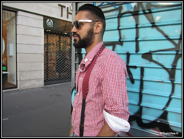 Franck Passerat designer styliste, lunettes Balenciaga bretelles DONDUP Milan Jean Topman chemise vichy rouge hommes H&M