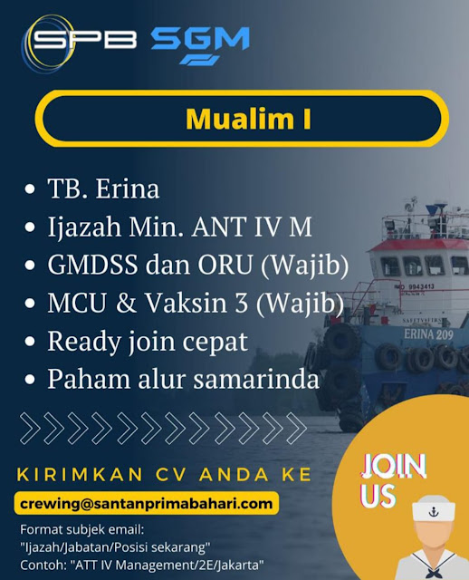 Job Pelaut Untuk Mualim I Kapal Tugboat August 2023