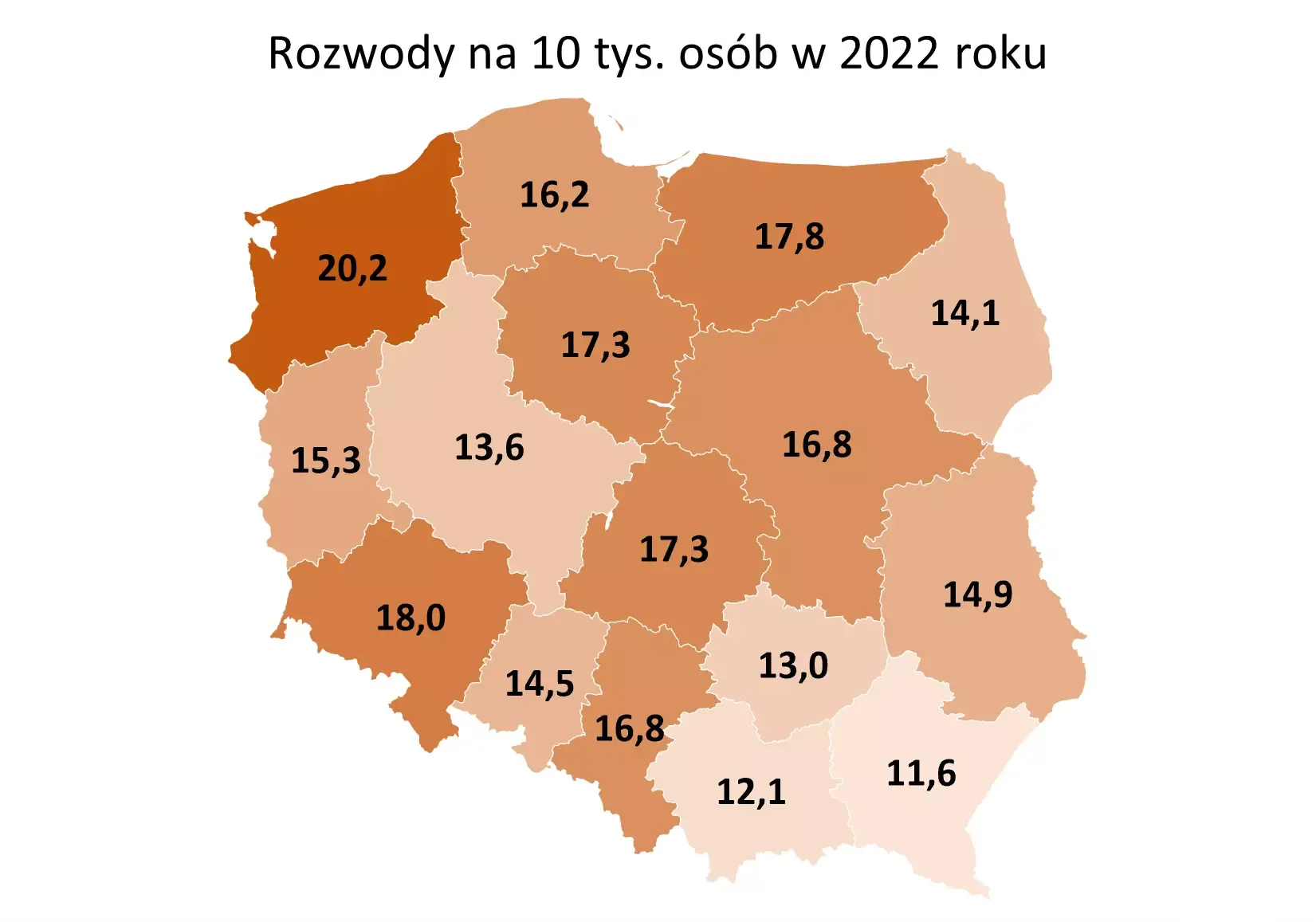 Mapa przedstawia wskaźnik rozwodów w Polsce w podziale na województwa