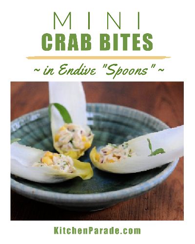 Mini Crab Bites ♥ KitchenParade.com, an easy, elegant appetizer recipe, tiny portions of crab meat served in 'spoons' of endive.