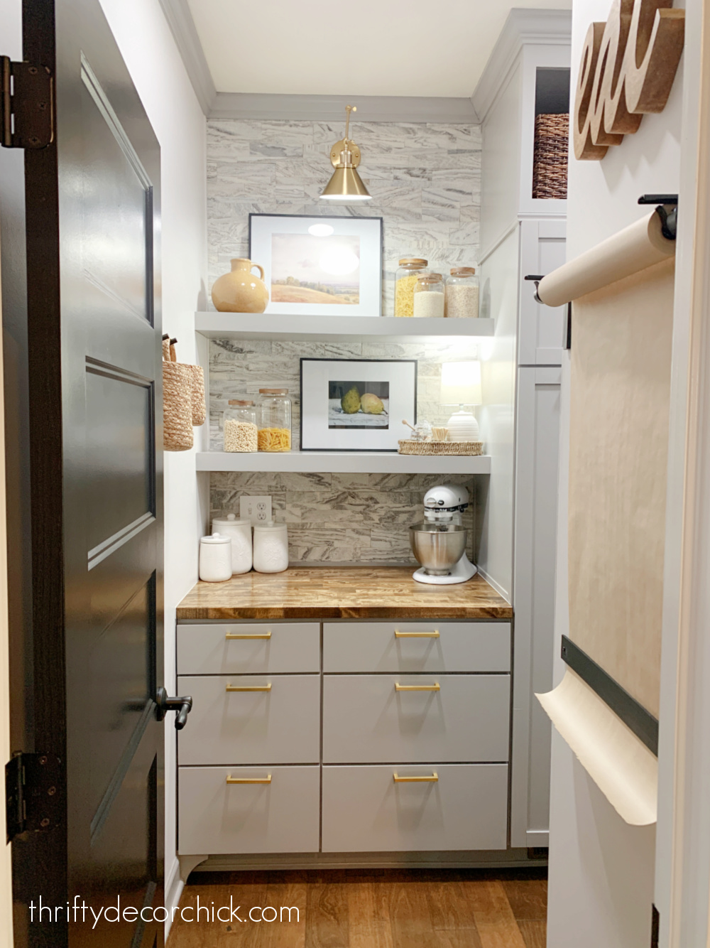 gray cabinets in walk in pantry
