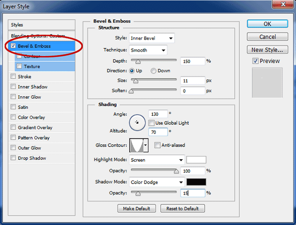 Bevel & emboss Layer Style settings.